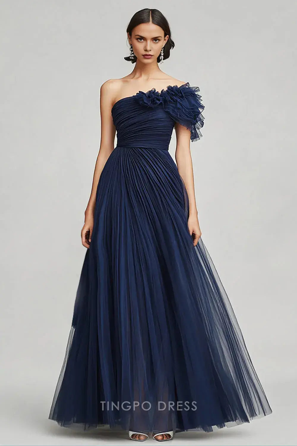 Elegant Navy Tulle A Line Long One - Shoulder Ruffled Tulle Formal Dress with Ruffles Maxi Dress  Prom Dress
